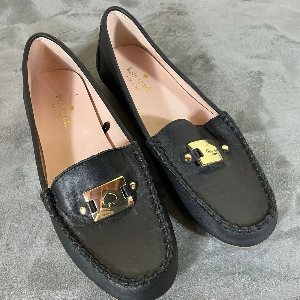 8 B Kate Spade Brass Bit Flats Leather Womens 8 B Carmen Navy 38.5